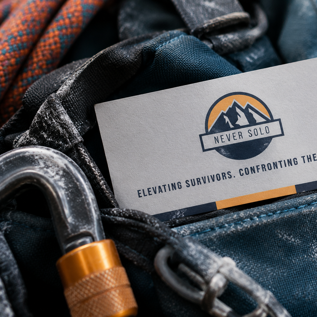 Never Solo hotline card for client welcome packets and gear bags